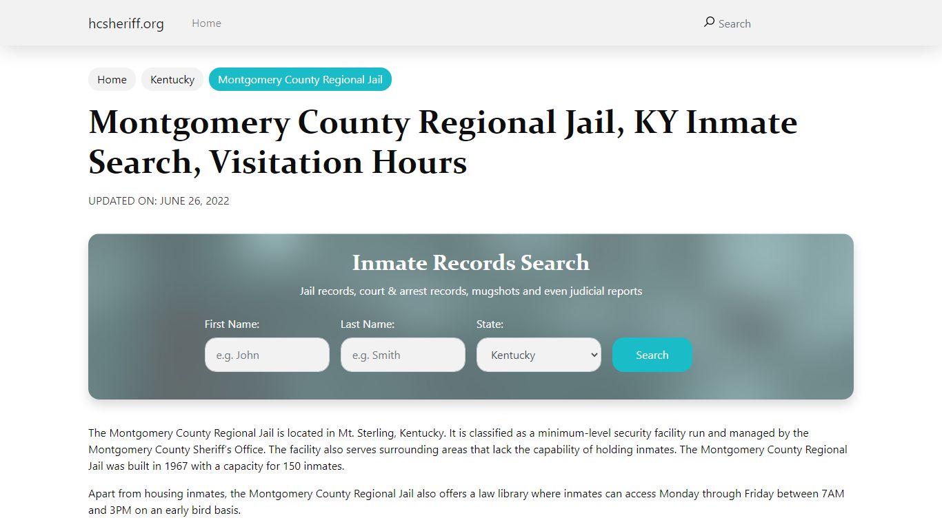 Montgomery County Regional Jail, KY Inmate Search, Visitation Hours